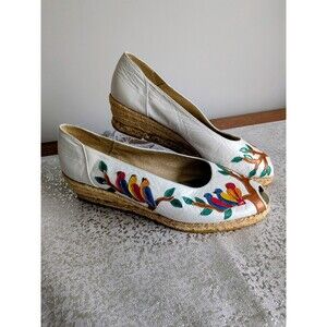 Margaret J Vtg Shoes Women's Sz 6.5 Leather Colorful Birds Applique Wedge RARE